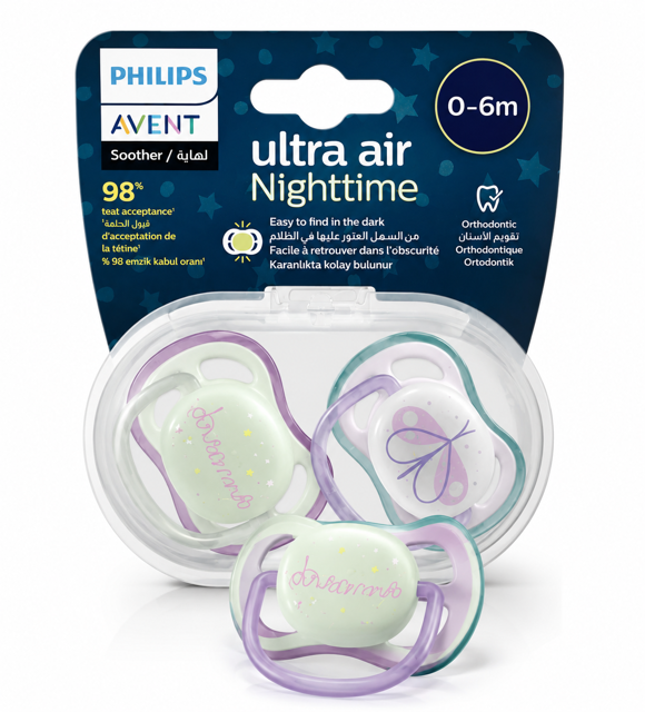 پستانک فیلیپس اونت Ultra Air Nighttime مدل شبتاب ۰ تا ۶ ماه بسته ۲ عددی