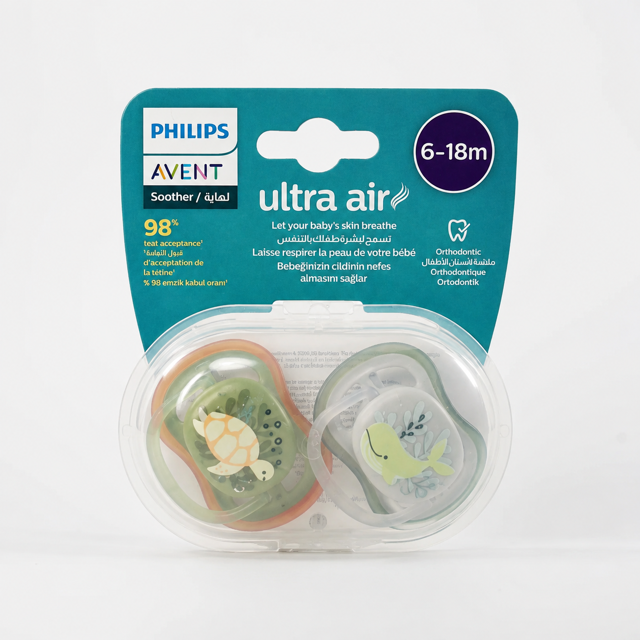 پستانک ارتودنسی فیلیپس اونت Ultra Air طرح لاکپشت و نهنگ مناسب ۶ تا ۱۸ ماه، بسته ۲ عددی