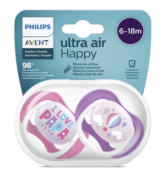 پستانک ارتودنسی Philips Avent Ultra Air بسته ۲ عددی بالای ۱۸ ماه طرح بالون و لاو پایا